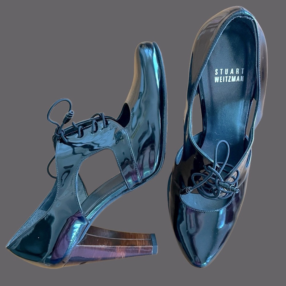 Stuart Weitzman Court Pumps USW7 Black Patent Leather Lace Up 3.75” Heel / EC